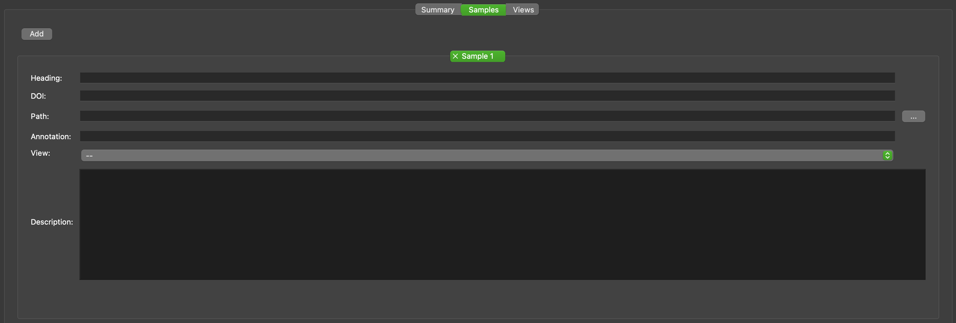 Samples tab with one sample added, no inputs have been entered.
