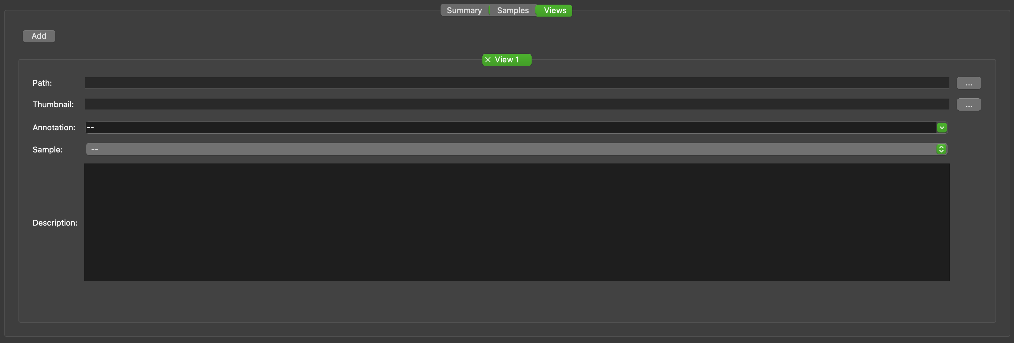 View tab with one view added, no inputs have been entered.
